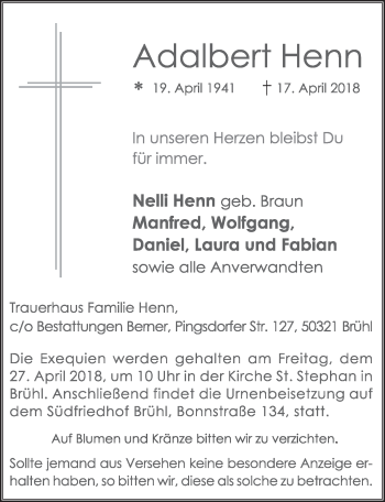 Anzeige von Adalbert Henn von  Schlossbote/Werbekurier 