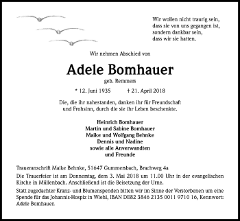 Anzeige von Adele Bomhauer von Kölner Stadt-Anzeiger / Kölnische Rundschau / Express
