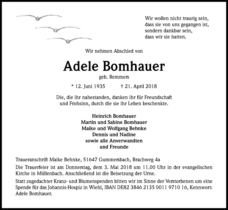  Traueranzeige für Adele Bomhauer vom 28.04.2018 aus Kölner Stadt-Anzeiger / Kölnische Rundschau / Express