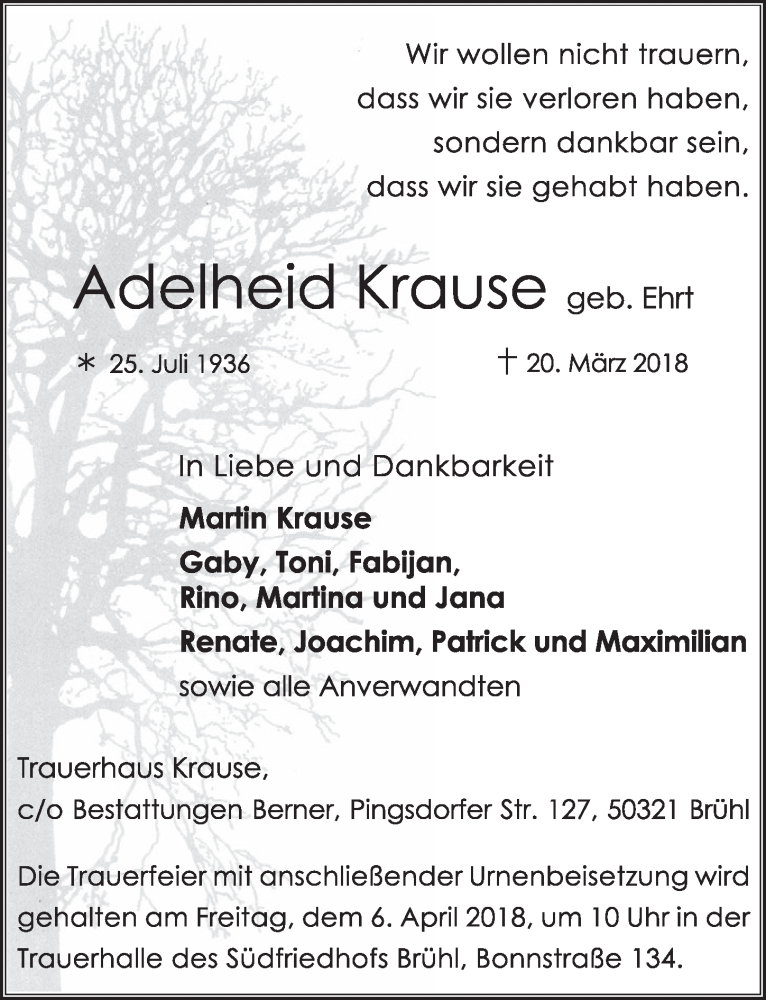  Traueranzeige für Adelheid Krause vom 04.04.2018 aus  Schlossbote/Werbekurier 