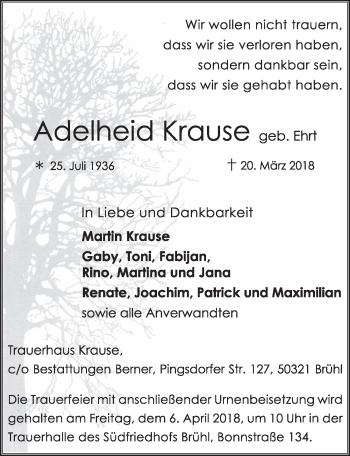 Anzeige von Adelheid Krause von  Schlossbote/Werbekurier 