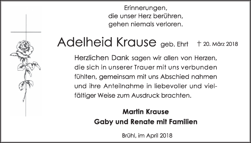  Traueranzeige für Adelheid Krause vom 25.04.2018 aus  Schlossbote/Werbekurier 