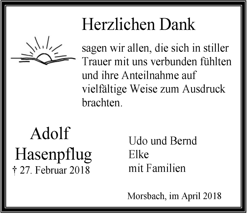  Traueranzeige für Adolf Hasenpflug vom 11.04.2018 aus  Lokalanzeiger 