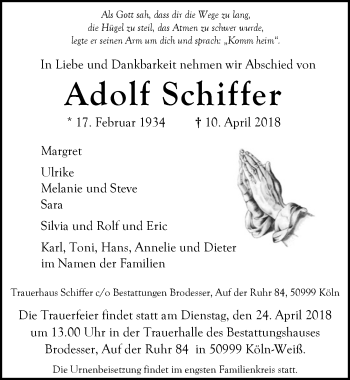 Anzeige von Adolf Schiffer von  Kölner Wochenspiegel 