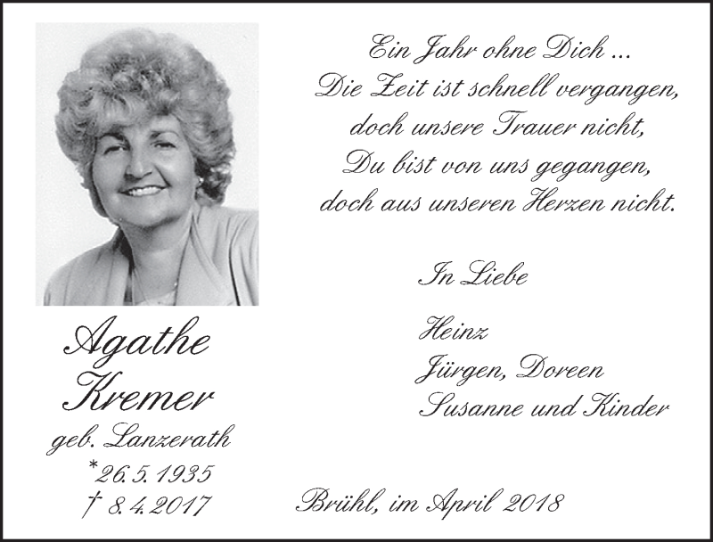  Traueranzeige für Agathe Kremer vom 11.04.2018 aus  Schlossbote/Werbekurier 