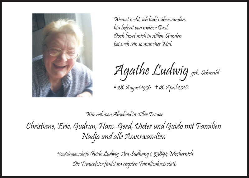  Traueranzeige für Agathe Ludwig vom 21.04.2018 aus  Blickpunkt Euskirchen 