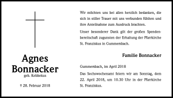 Anzeige von Agnes Bonnacker von Kölner Stadt-Anzeiger / Kölnische Rundschau / Express