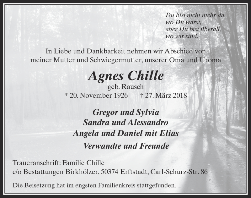  Traueranzeige für Agnes Chille vom 11.04.2018 aus  Kölner Wochenspiegel 