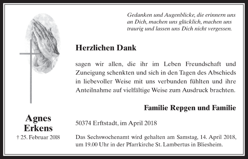  Traueranzeige für Agnes Erkens vom 11.04.2018 aus  Werbepost 
