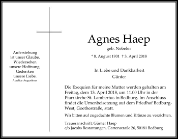 Anzeige von Agnes Haep von Kölner Stadt-Anzeiger / Kölnische Rundschau / Express