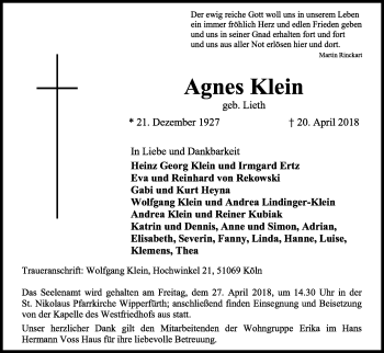Anzeige von Agnes Klein von Kölner Stadt-Anzeiger / Kölnische Rundschau / Express