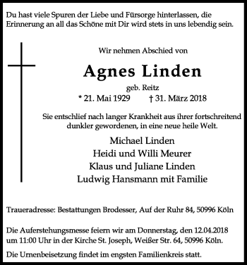 Anzeige von Agnes Linden von Kölner Stadt-Anzeiger / Kölnische Rundschau / Express