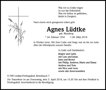Anzeige von Agnes Lüdtke von Kölner Stadt-Anzeiger / Kölnische Rundschau / Express