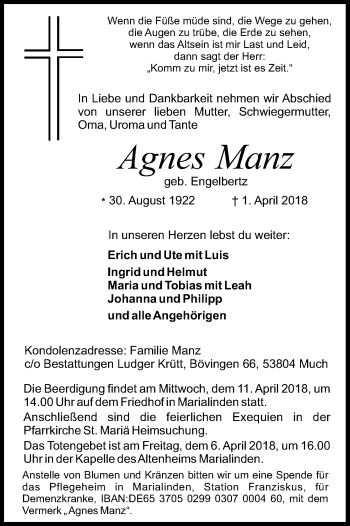 Anzeige von Agnes Manz von Kölner Stadt-Anzeiger / Kölnische Rundschau / Express