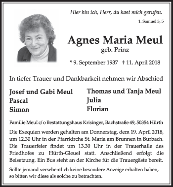 Anzeige von Agnes Maria Meul von  Sonntags-Post 