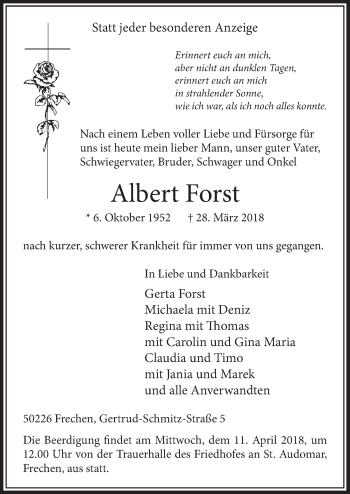Anzeige von Albert Forst von  Sonntags-Post 