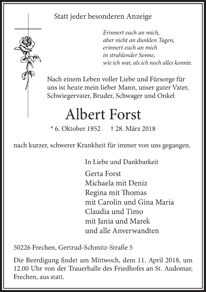  Traueranzeige für Albert Forst vom 07.04.2018 aus  Sonntags-Post 