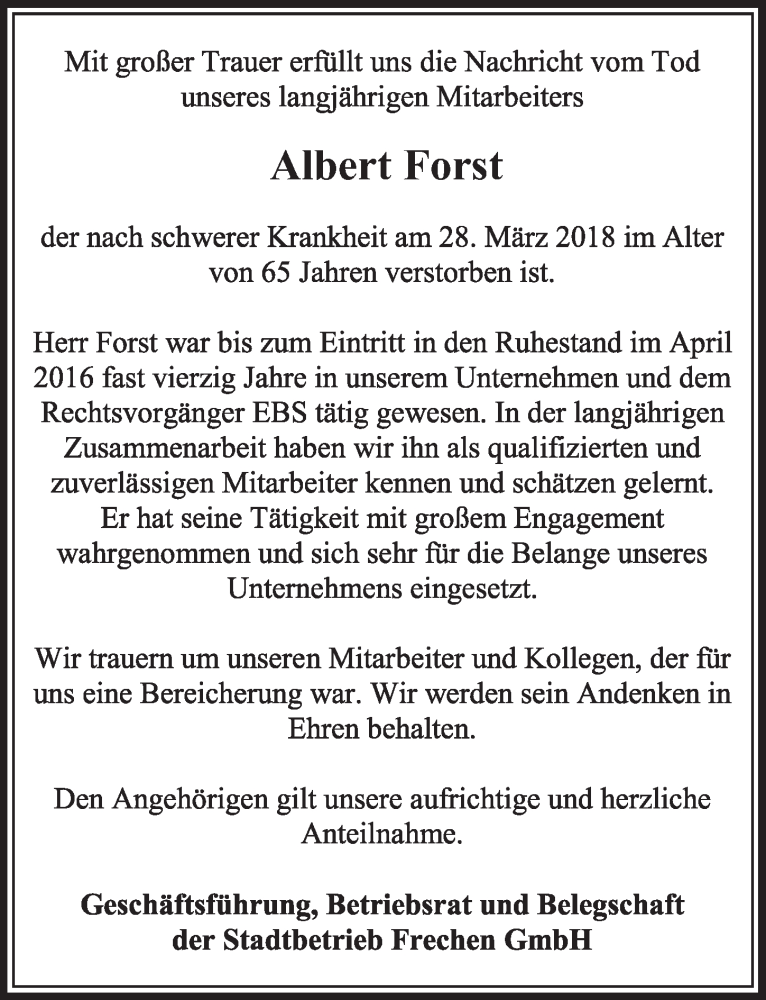  Traueranzeige für Albert Forst vom 07.04.2018 aus  Sonntags-Post 