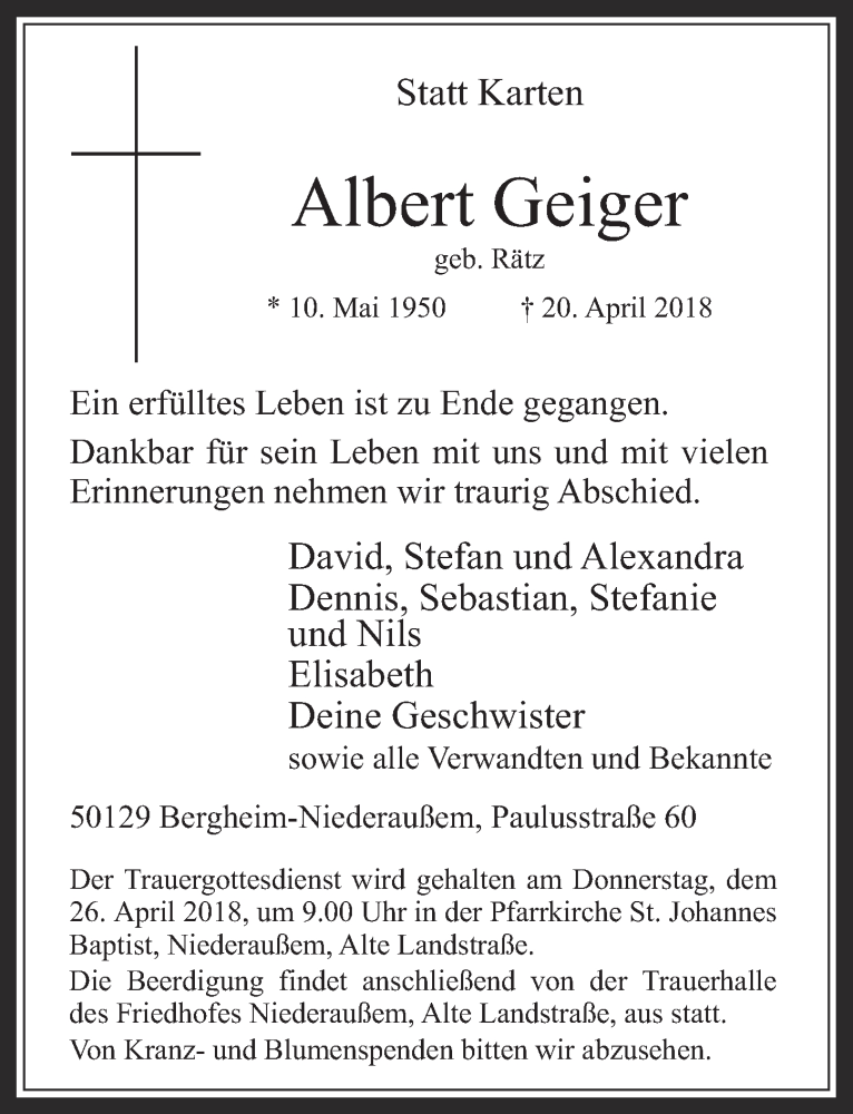  Traueranzeige für Albert Geiger vom 25.04.2018 aus  Werbepost 