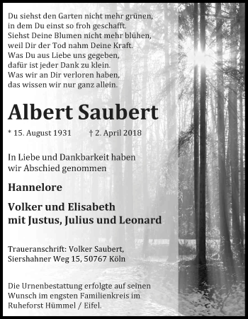 Anzeige von Albert Saubert von Kölner Stadt-Anzeiger / Kölnische Rundschau / Express