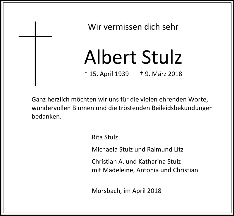  Traueranzeige für Albert Stulz vom 28.04.2018 aus Kölner Stadt-Anzeiger / Kölnische Rundschau / Express