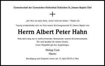 Anzeige von Albert Peter Hahn von Kölner Stadt-Anzeiger / Kölnische Rundschau / Express