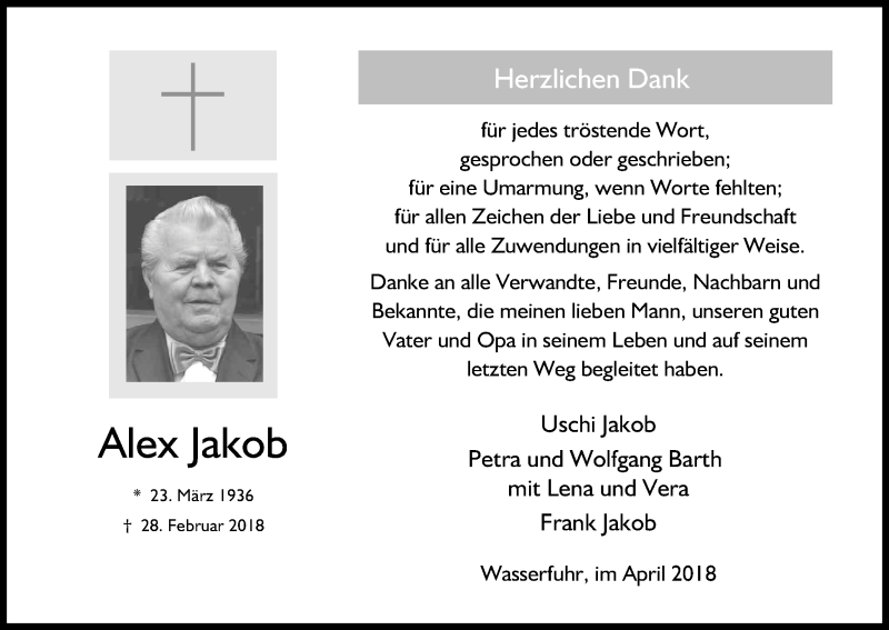  Traueranzeige für Alex Jakob vom 28.04.2018 aus Kölner Stadt-Anzeiger / Kölnische Rundschau / Express