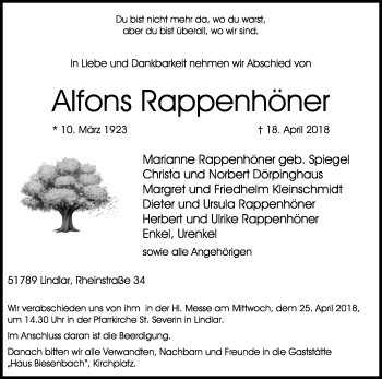 Anzeige von Alfons Rappenhöner von Kölner Stadt-Anzeiger / Kölnische Rundschau / Express