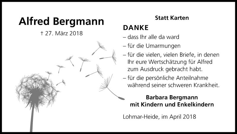  Traueranzeige für Alfred Bergmann vom 28.04.2018 aus Kölner Stadt-Anzeiger / Kölnische Rundschau / Express