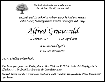 Anzeige von Alfred Grunwald von Kölner Stadt-Anzeiger / Kölnische Rundschau / Express