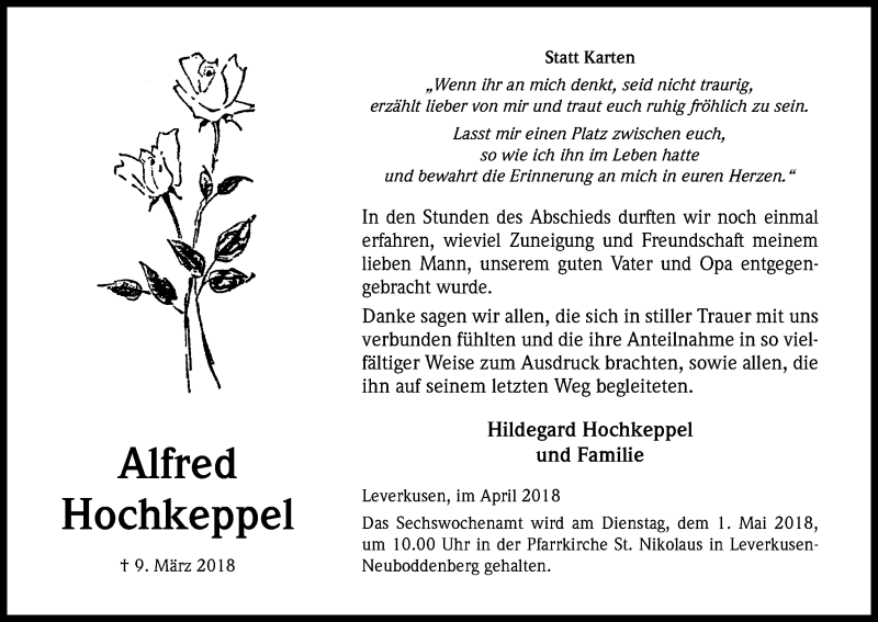 Traueranzeige für Alfred Hochkeppel vom 21.04.2018 aus Kölner Stadt-Anzeiger / Kölnische Rundschau / Express