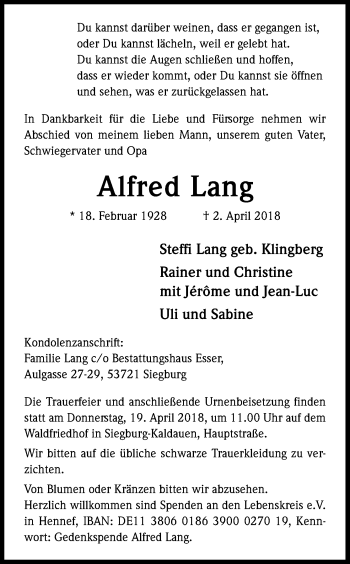 Anzeige von Alfred Lang von Kölner Stadt-Anzeiger / Kölnische Rundschau / Express