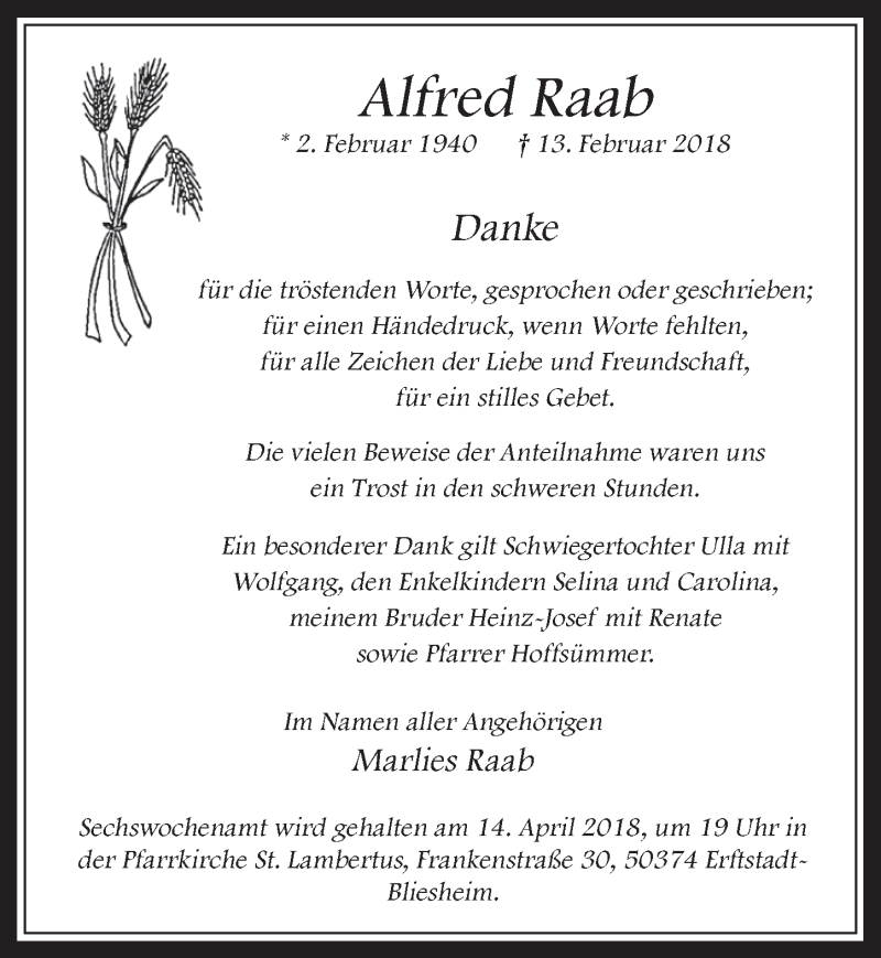  Traueranzeige für Alfred Raab vom 11.04.2018 aus  Werbepost 