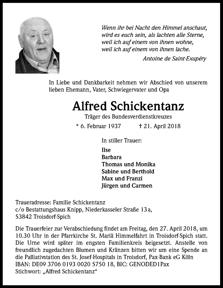  Traueranzeige für Alfred Schickentanz vom 25.04.2018 aus Kölner Stadt-Anzeiger / Kölnische Rundschau / Express