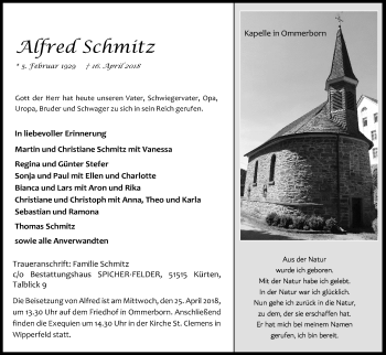 Anzeige von Alfred Schmitz von Kölner Stadt-Anzeiger / Kölnische Rundschau / Express
