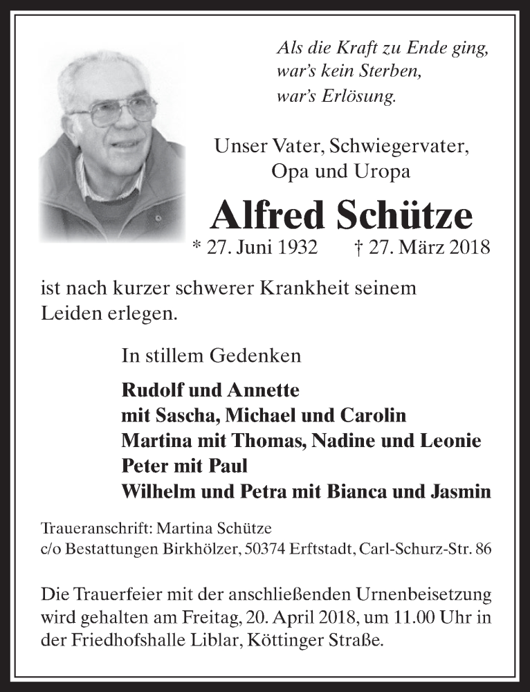  Traueranzeige für Alfred Schütze vom 18.04.2018 aus  Werbepost 