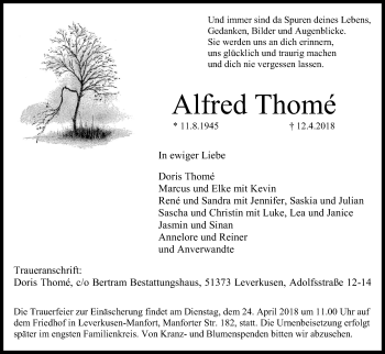 Anzeige von Alfred Thome von Kölner Stadt-Anzeiger / Kölnische Rundschau / Express