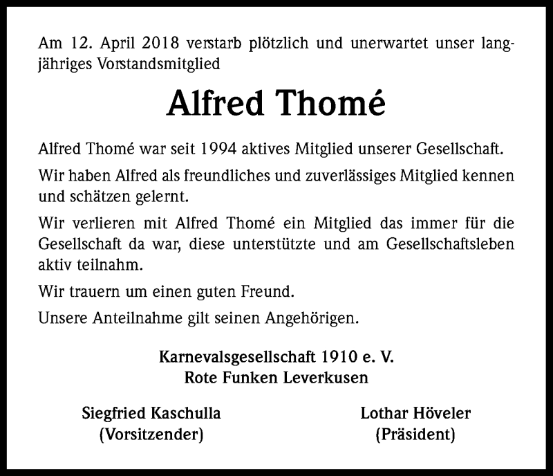  Traueranzeige für Alfred Thome vom 23.04.2018 aus Kölner Stadt-Anzeiger / Kölnische Rundschau / Express
