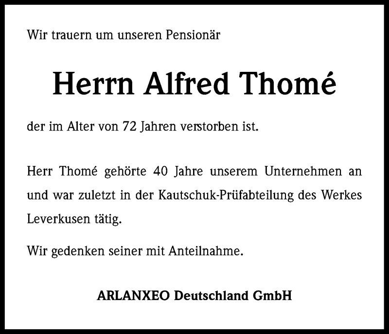  Traueranzeige für Alfred Thome vom 21.04.2018 aus Kölner Stadt-Anzeiger / Kölnische Rundschau / Express
