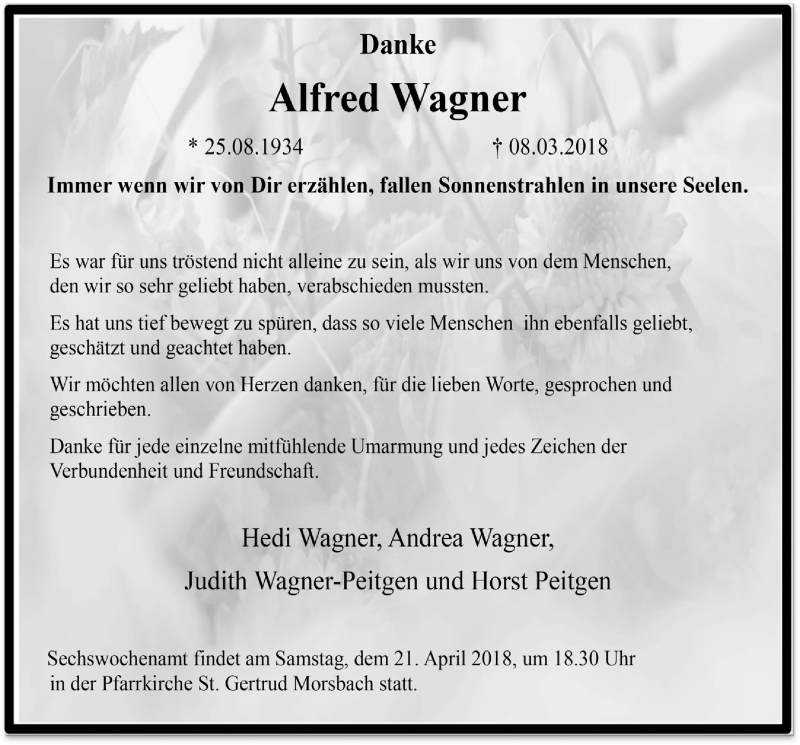  Traueranzeige für Alfred Wagner vom 18.04.2018 aus  Lokalanzeiger 