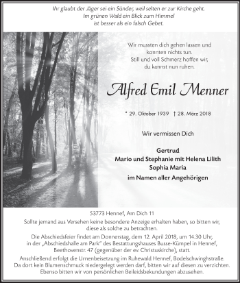 Anzeige von Alfred Emil Menner von  Extra Blatt 