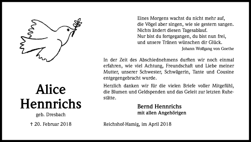  Traueranzeige für Alice Hennrichs vom 07.04.2018 aus Kölner Stadt-Anzeiger / Kölnische Rundschau / Express