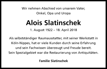 Anzeige von Alois Slatinschek von Kölner Stadt-Anzeiger / Kölnische Rundschau / Express