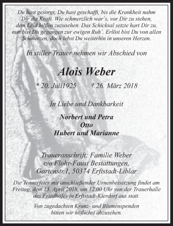 Anzeige von Alois Weber von  Wochenende  Werbepost 