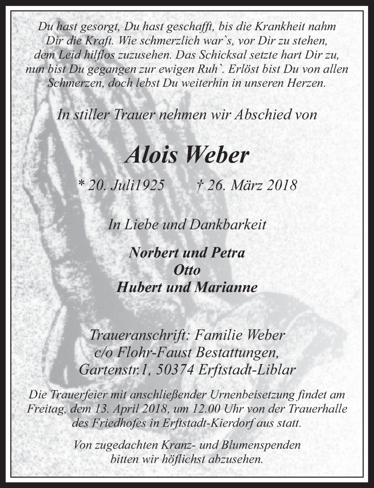  Traueranzeige für Alois Weber vom 11.04.2018 aus  Wochenende  Werbepost 