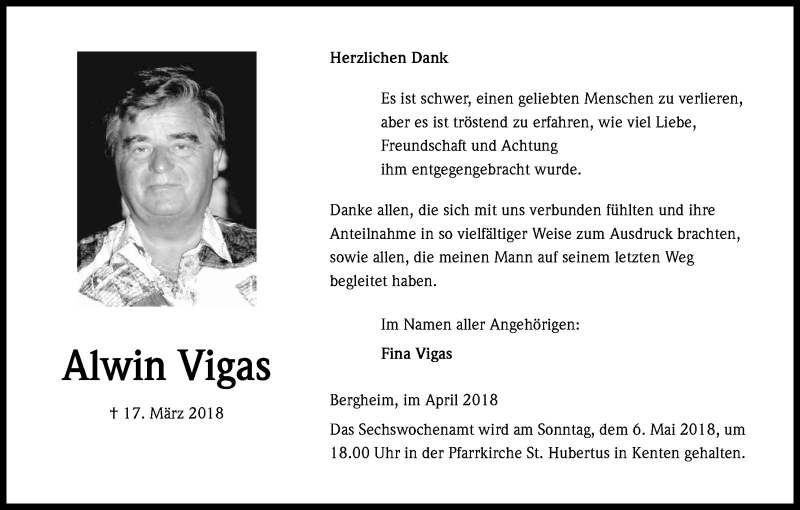  Traueranzeige für Alwin Vigas vom 28.04.2018 aus Kölner Stadt-Anzeiger / Kölnische Rundschau / Express