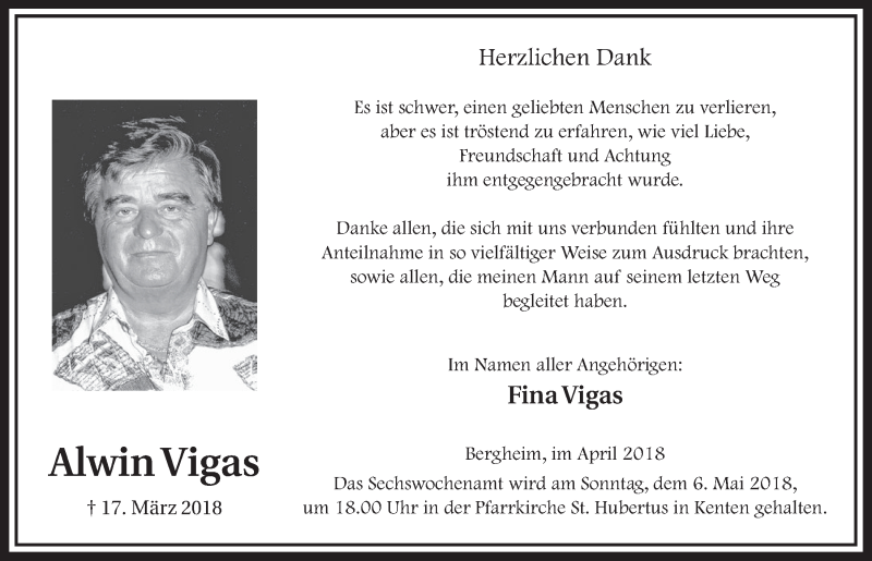  Traueranzeige für Alwin Vigas vom 28.04.2018 aus  Sonntags-Post 