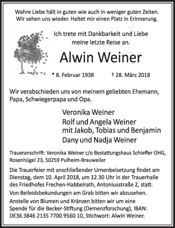 Anzeige von Alwin Weiner von  Sonntags-Post 