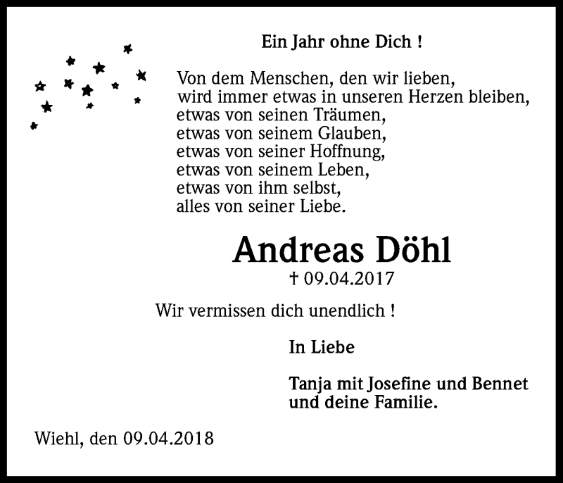  Traueranzeige für Andreas Döhl vom 09.04.2018 aus Kölner Stadt-Anzeiger / Kölnische Rundschau / Express
