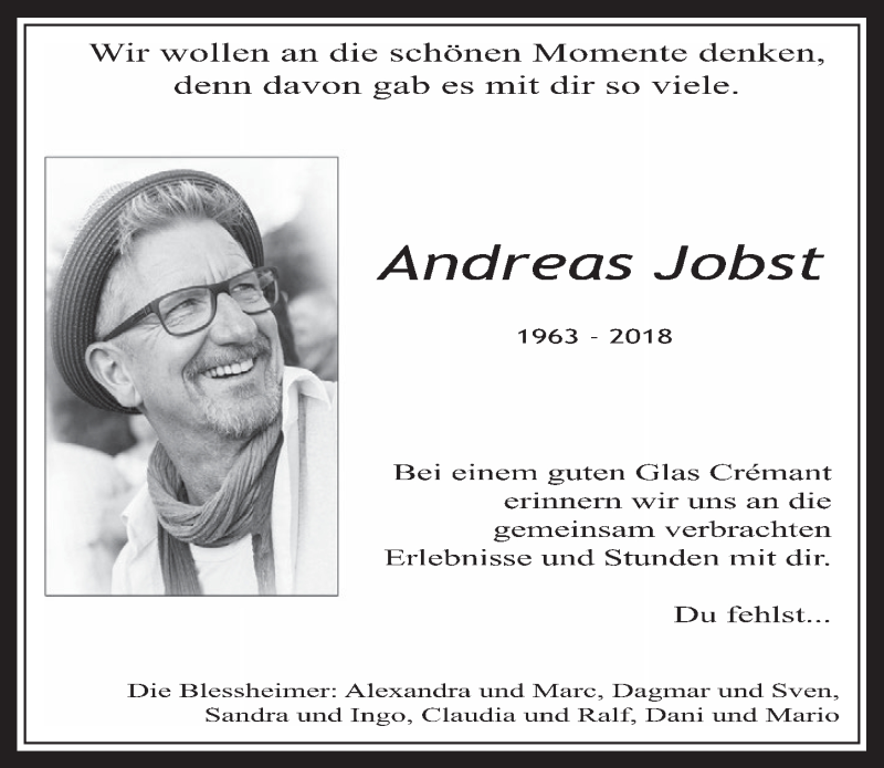  Traueranzeige für Andreas Jobst vom 18.04.2018 aus  Werbepost 